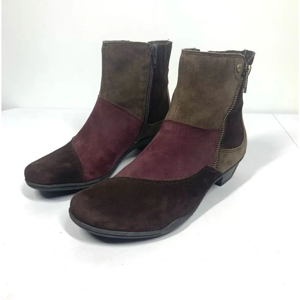EARTH Boots Orion Suede Leather Booties Bark Multi Patchwork Booties Women 7.5
